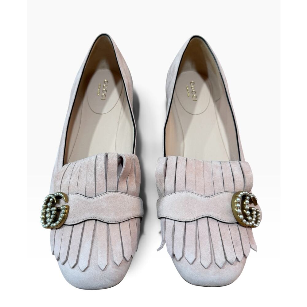 Gucci Pink Suede Fringe Kiltie Loafers Pearl GG Marmont Flats 40.5